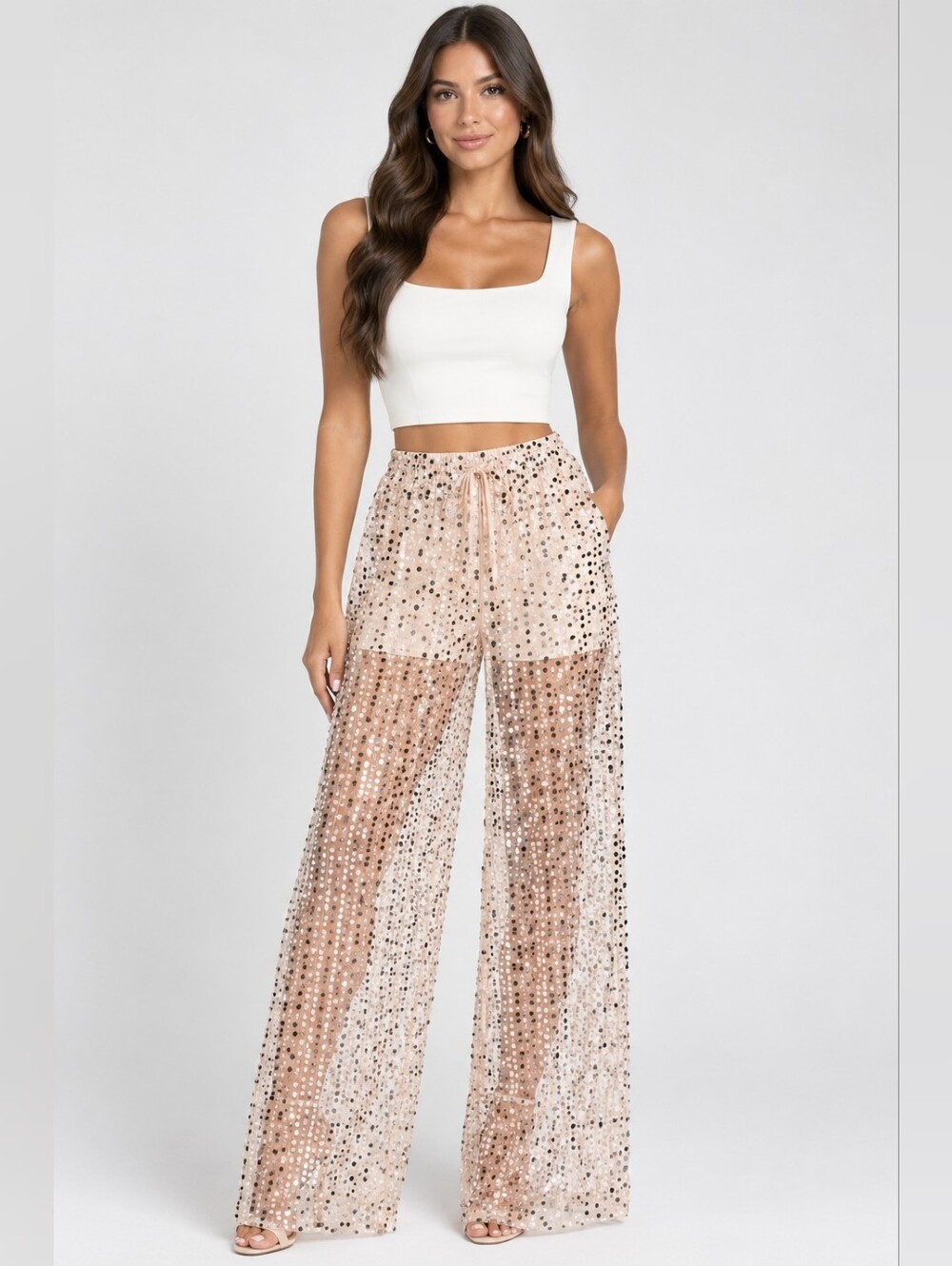 Zara Blush Sequin Sheer Wide-Leg Pants